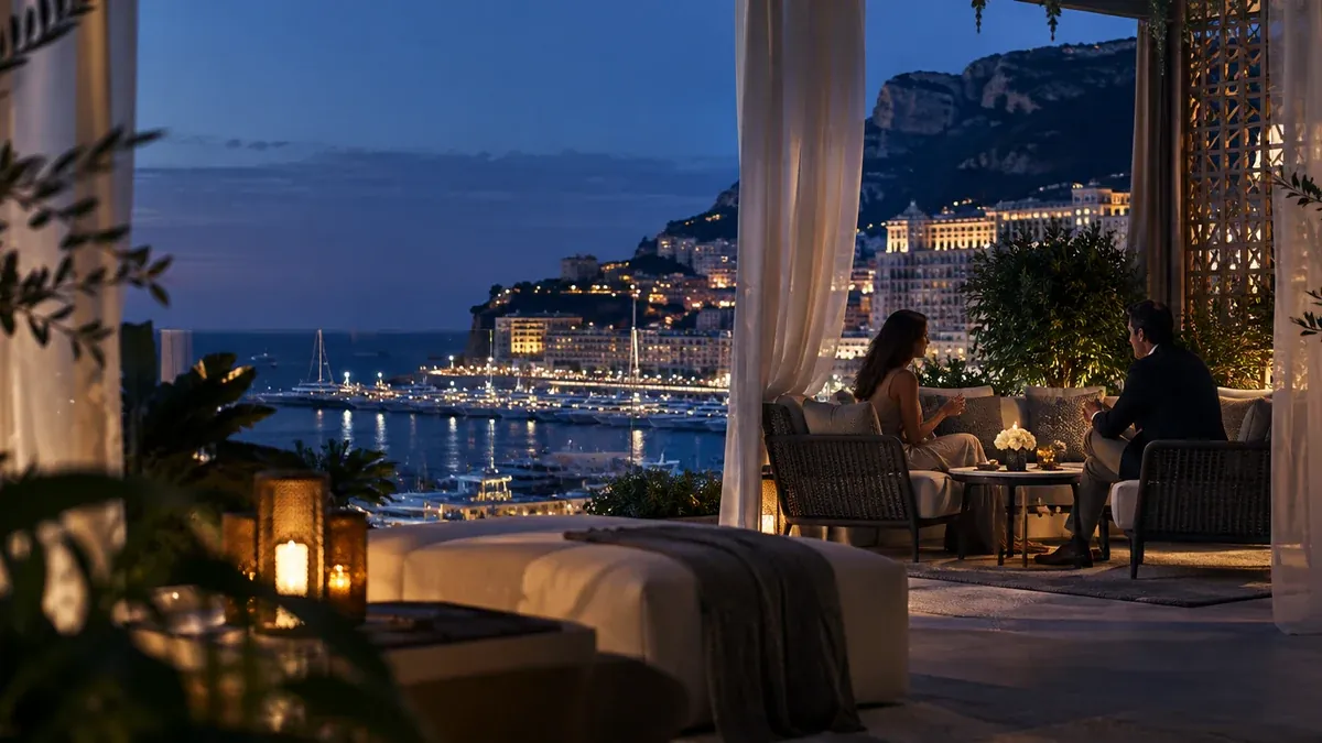 Conversation privée sur une terrasse isolée Monaco à l'heure bleue