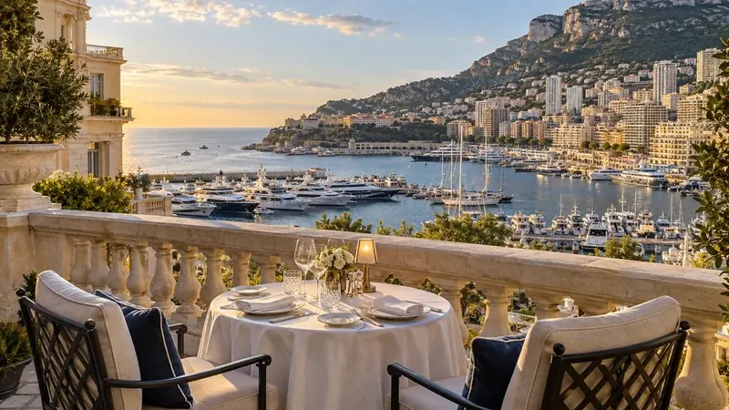 Terrasse raffinée Monte Carlo surplombant Port Hercule dans une lumière claire de l'heure dorée