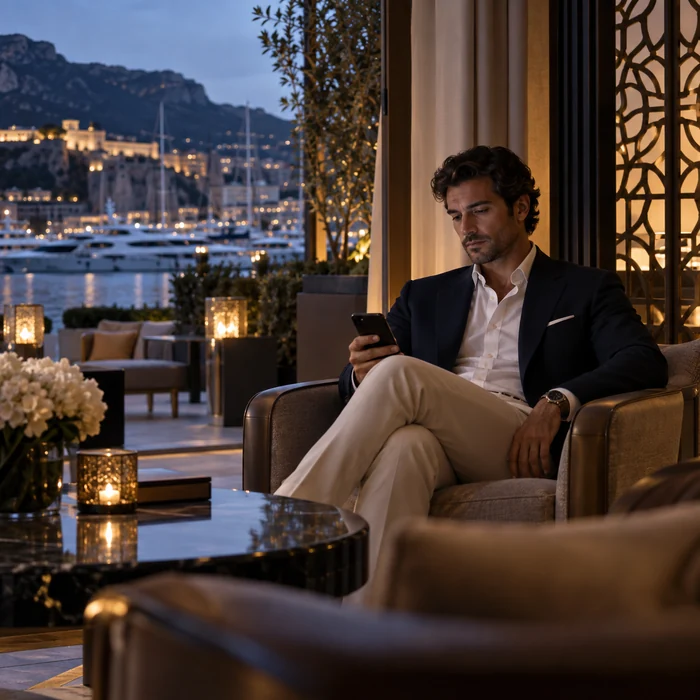 Membre examinant un téléphone en privé dans un salon calme Monaco